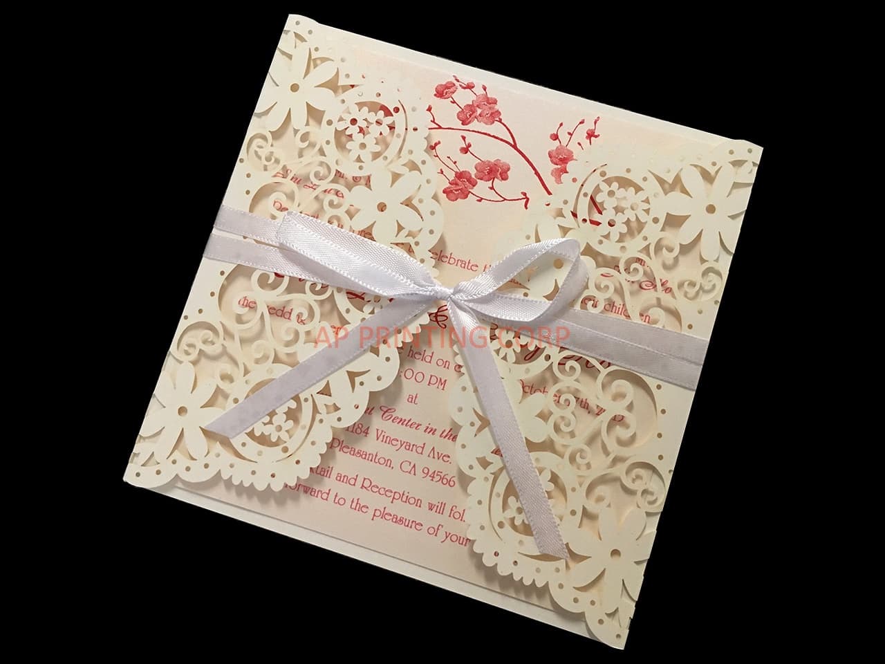 Champagne Gold Damask Laser Cut Pocket Wedding Invitation