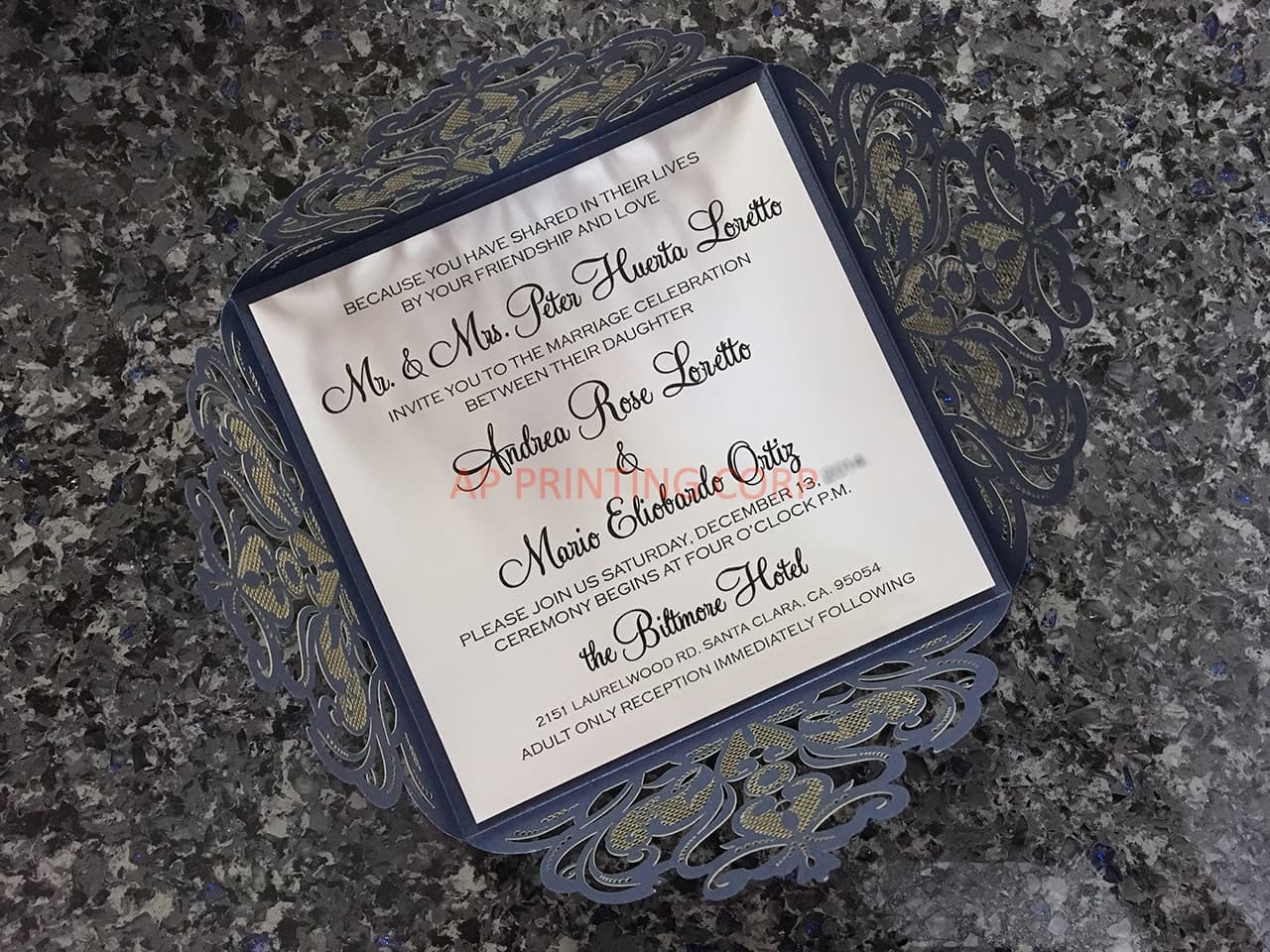 Glittery Lace Tri-Fold Laser Cut Pocket Wedding Invitation