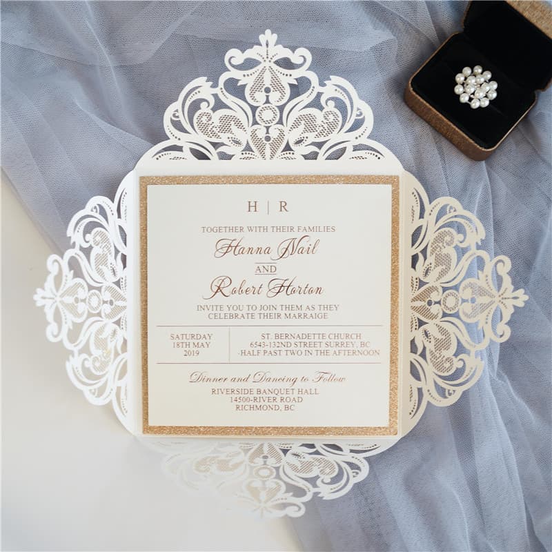 CL-PF-57 M-M White Heart Flourish Pocket Laser Cut Wedding Invitation