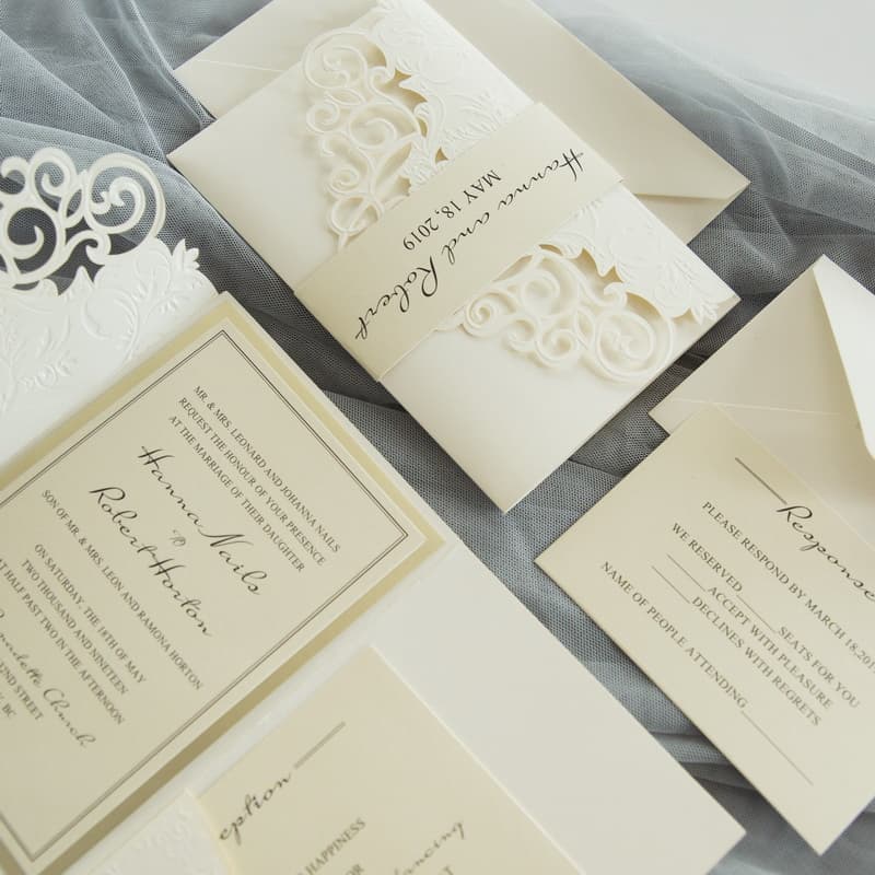Gold Heart Flourish Pocket Laser Cut Vietnamese & English Wedding Invitation