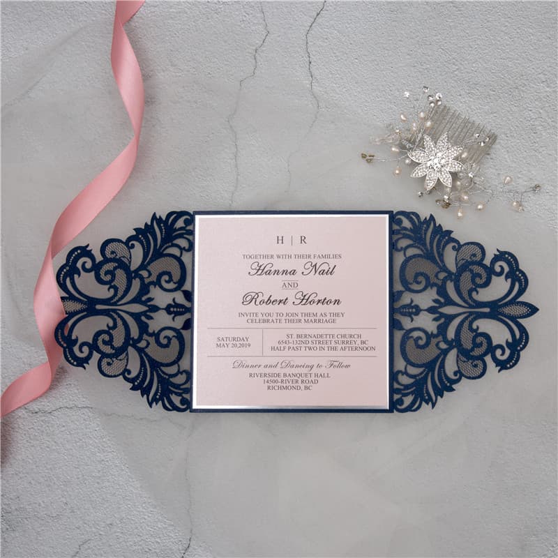 Metallic Gold Laser Cut Pocket with Ribbon Wedding Invitation