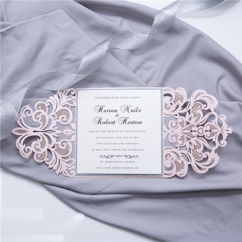 Silver Lace Glittery Laser Cut Wrap Wedding Invitation