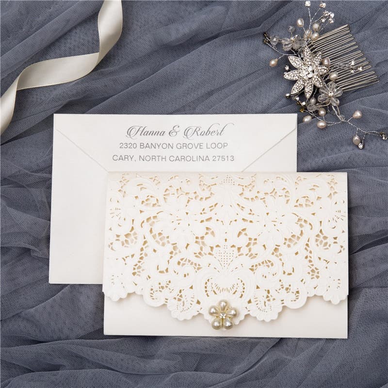 White Heart Diamond Drop Laser Cut Wedding Invitation