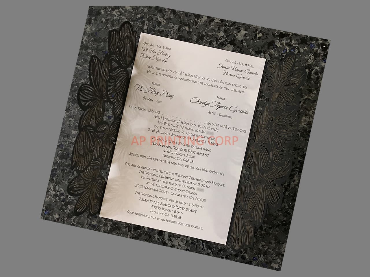 CL-PF-57 M-M Gold Heart Diamond Drop Laser Cut Wedding Invitation