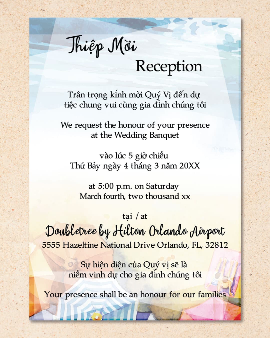 Summer Umbrellas Vellum Wrapped Vietnamese & English Wedding Invitation