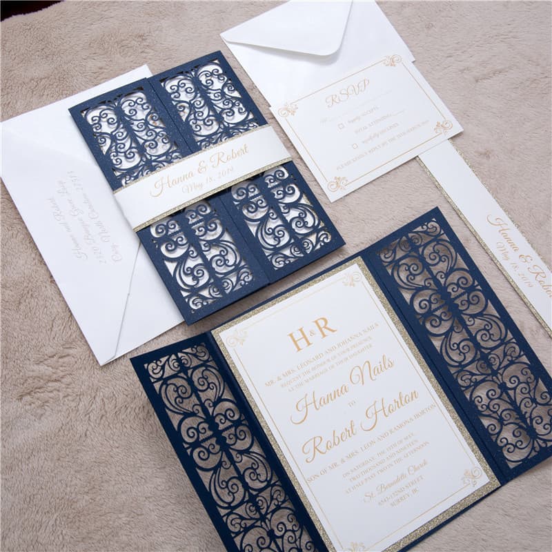 Gold Floral Diamond Drop Laser Cut Wedding Invitation