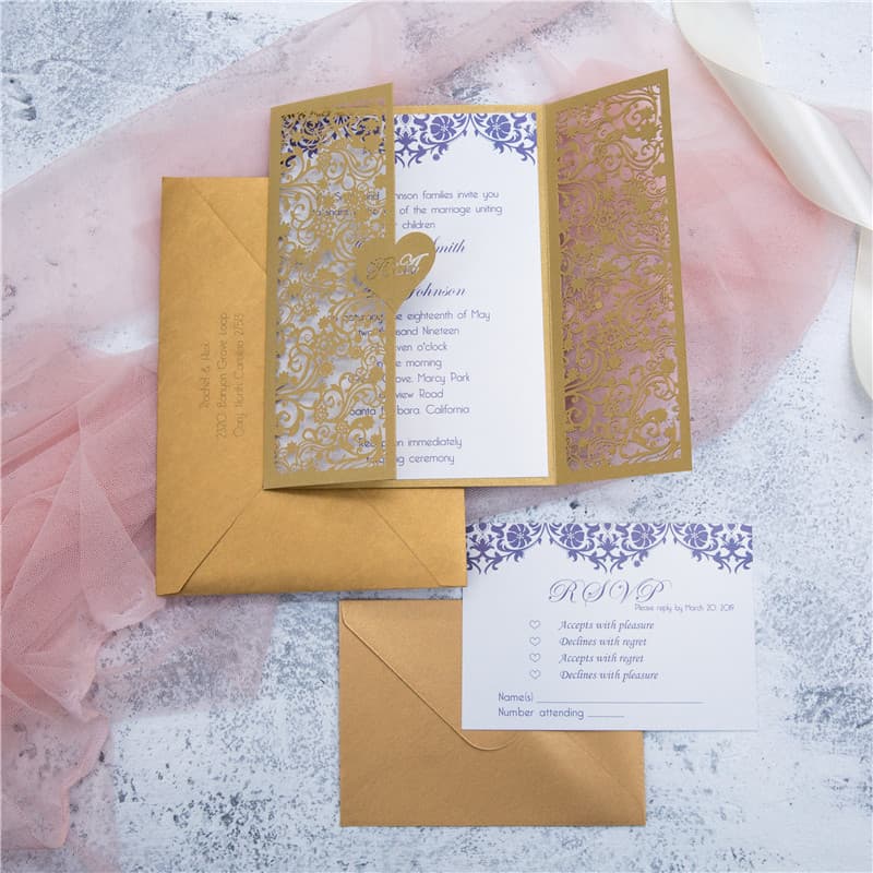 Silver Floral Tri-Fold Laser Cut Pocket Wedding Invitation