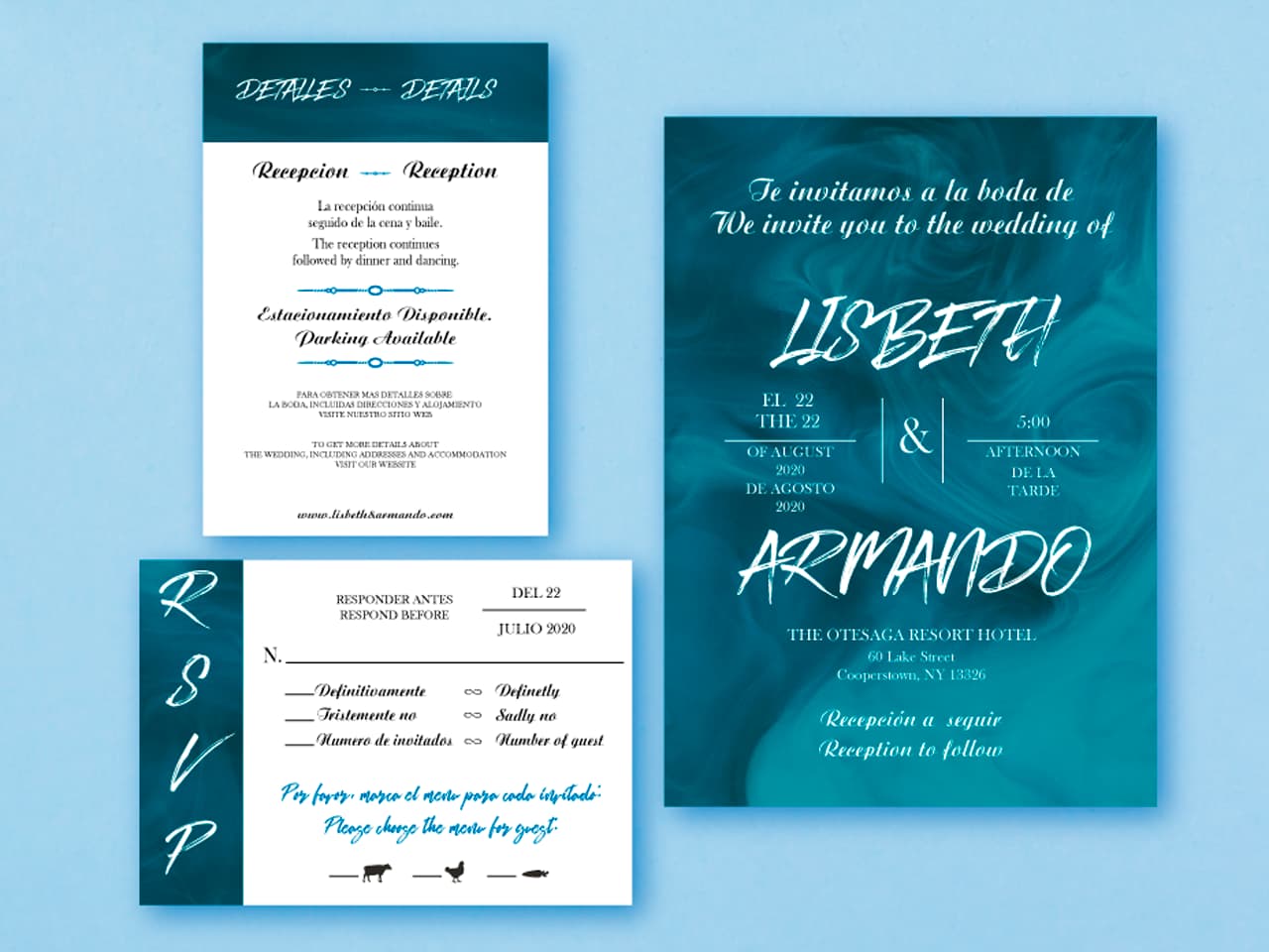 Blue Marble Spanish & English Elegant Wedding Invitation