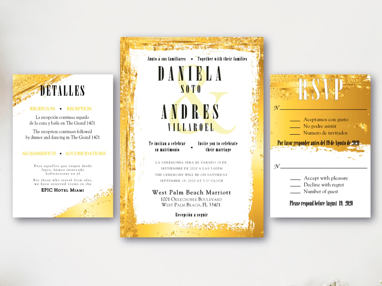 Golden Brush Strokes Spanish & English Elegant Wedding Invitation