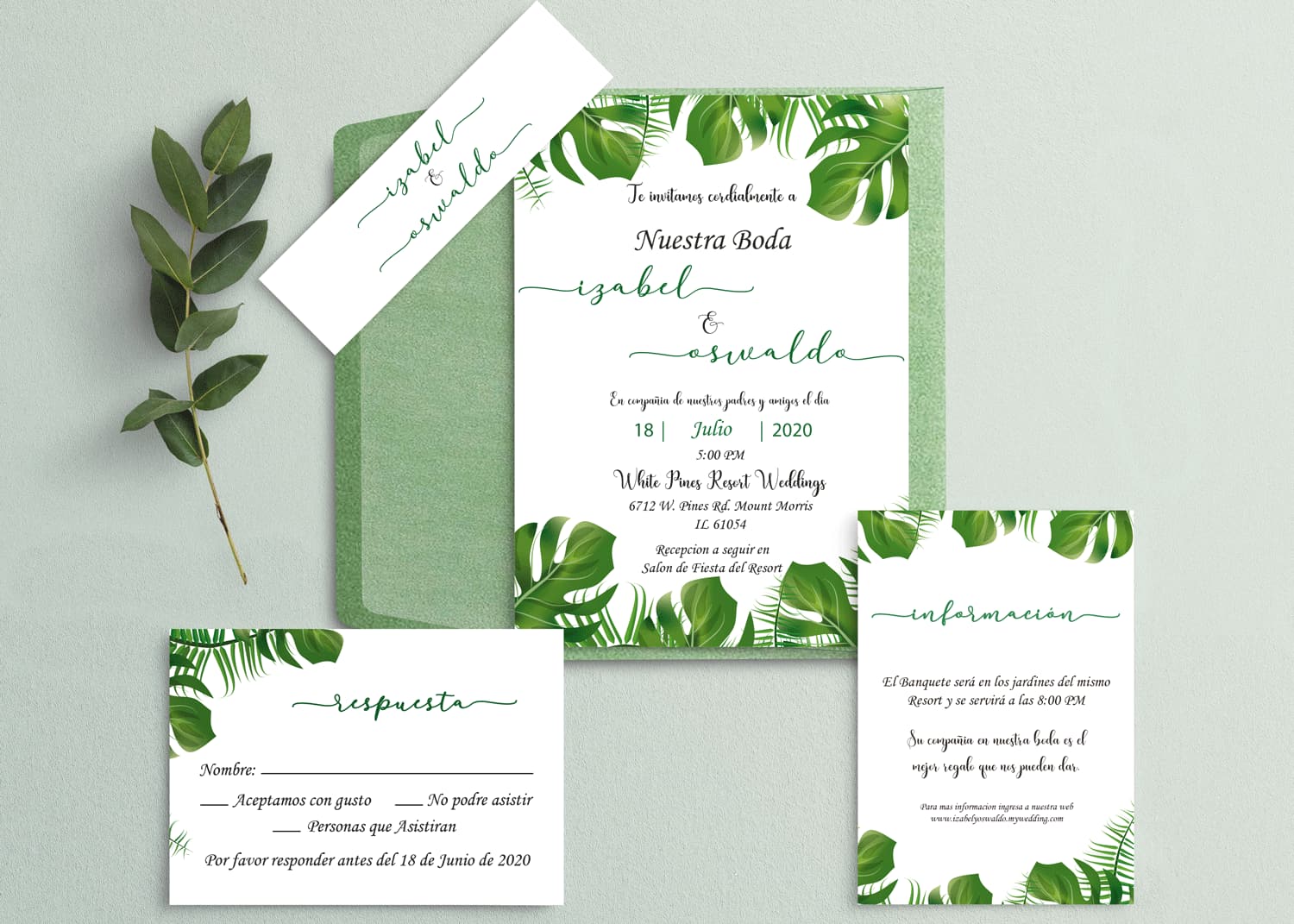Monstera Green Leaves Spanish & English Elegant Wedding Invitation