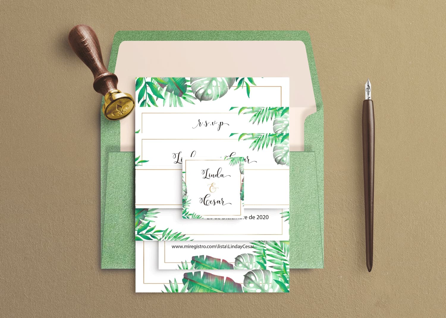 Tropical Green Leaves Spanish & English Elegant Wedding Invitation