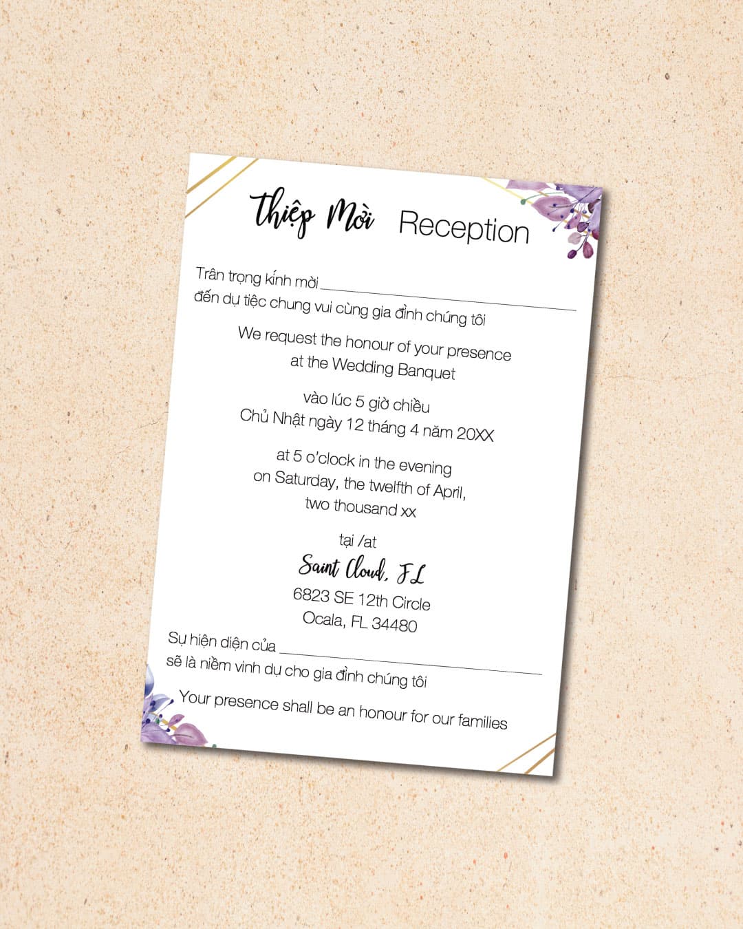 Violet Leaves Vellum Wrapped Vietnamese & English Wedding Invitation