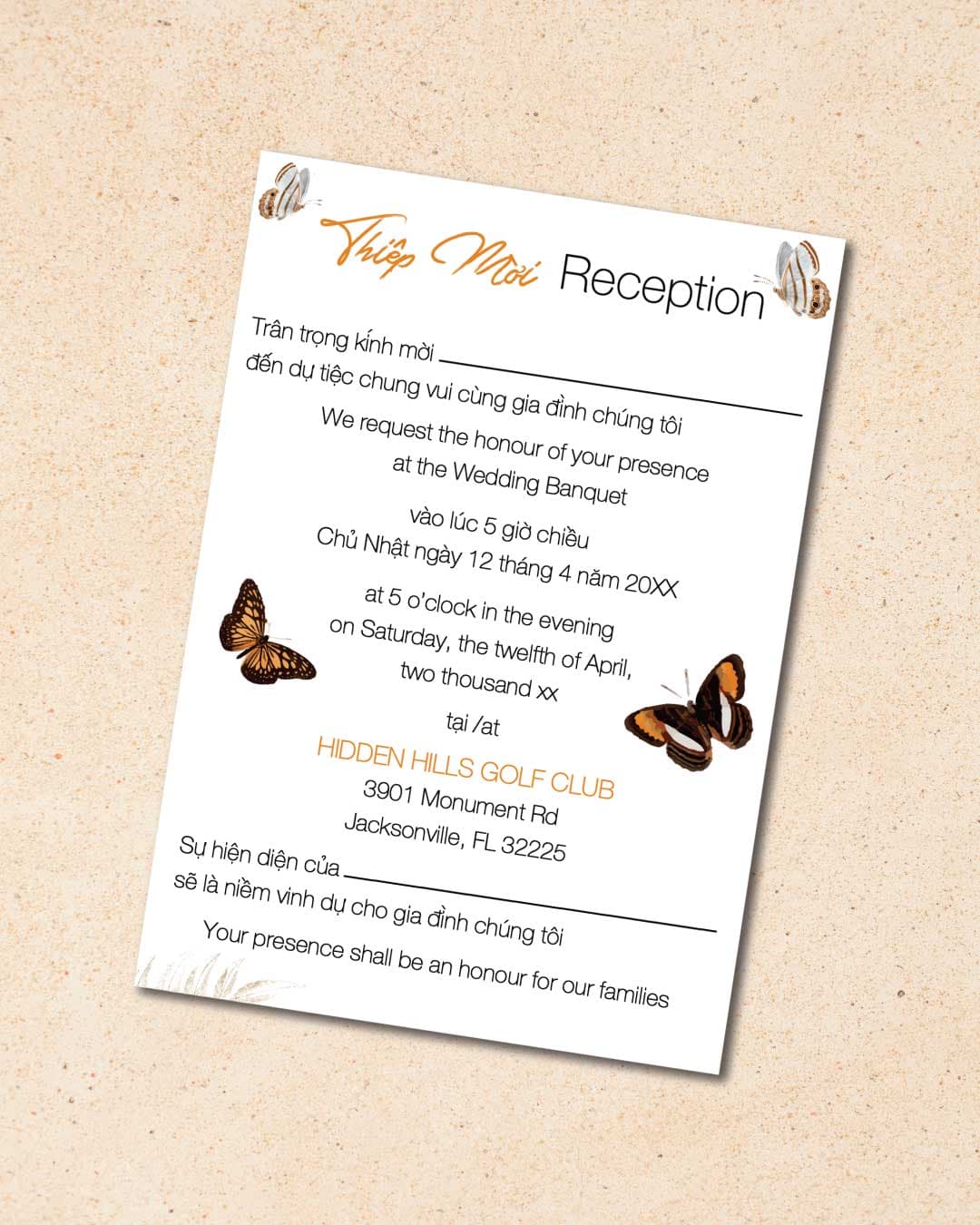 Invitation Butterflies Vellum Wrapped Vietnamese & English Wedding Invitation