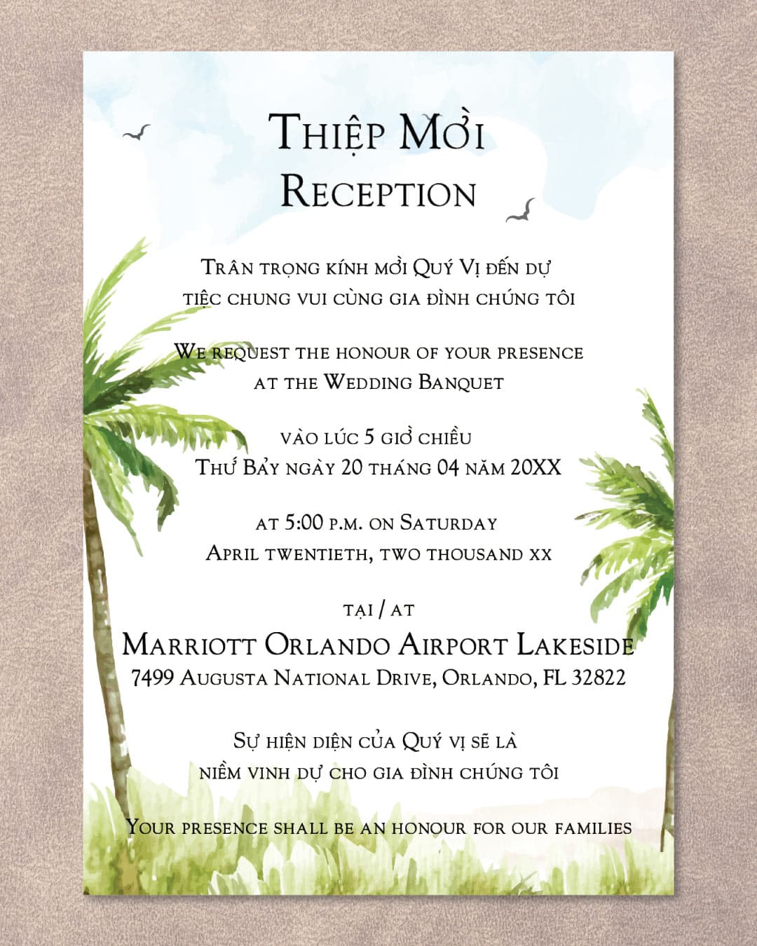 Watercolor Palm Trees Vellum Wrapped Vietnamese & English Wedding Invitation
