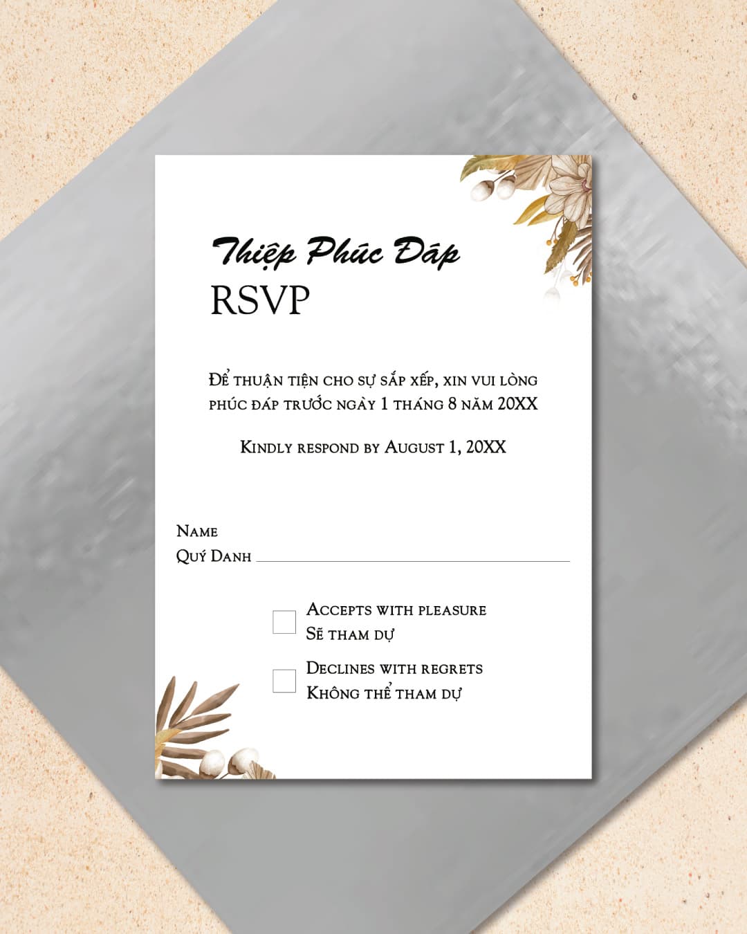 Boho Brown Branches Vellum Wrapped Vietnamese & English Wedding Invitation