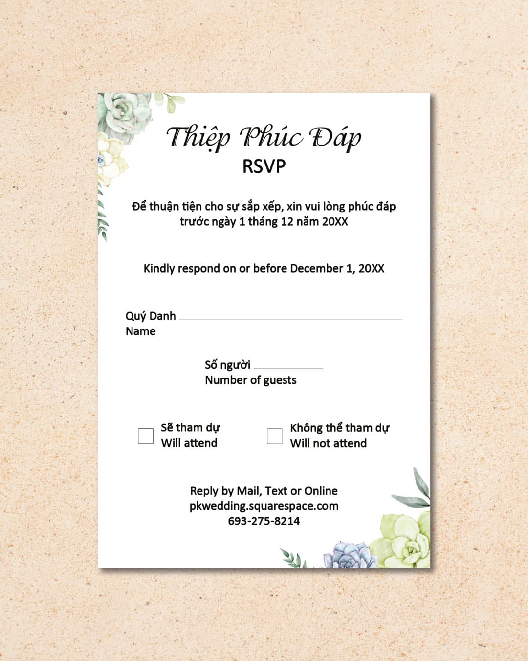 Beautiful Succulents Vellum Wrapped Vietnamese & English Wedding Invitation
