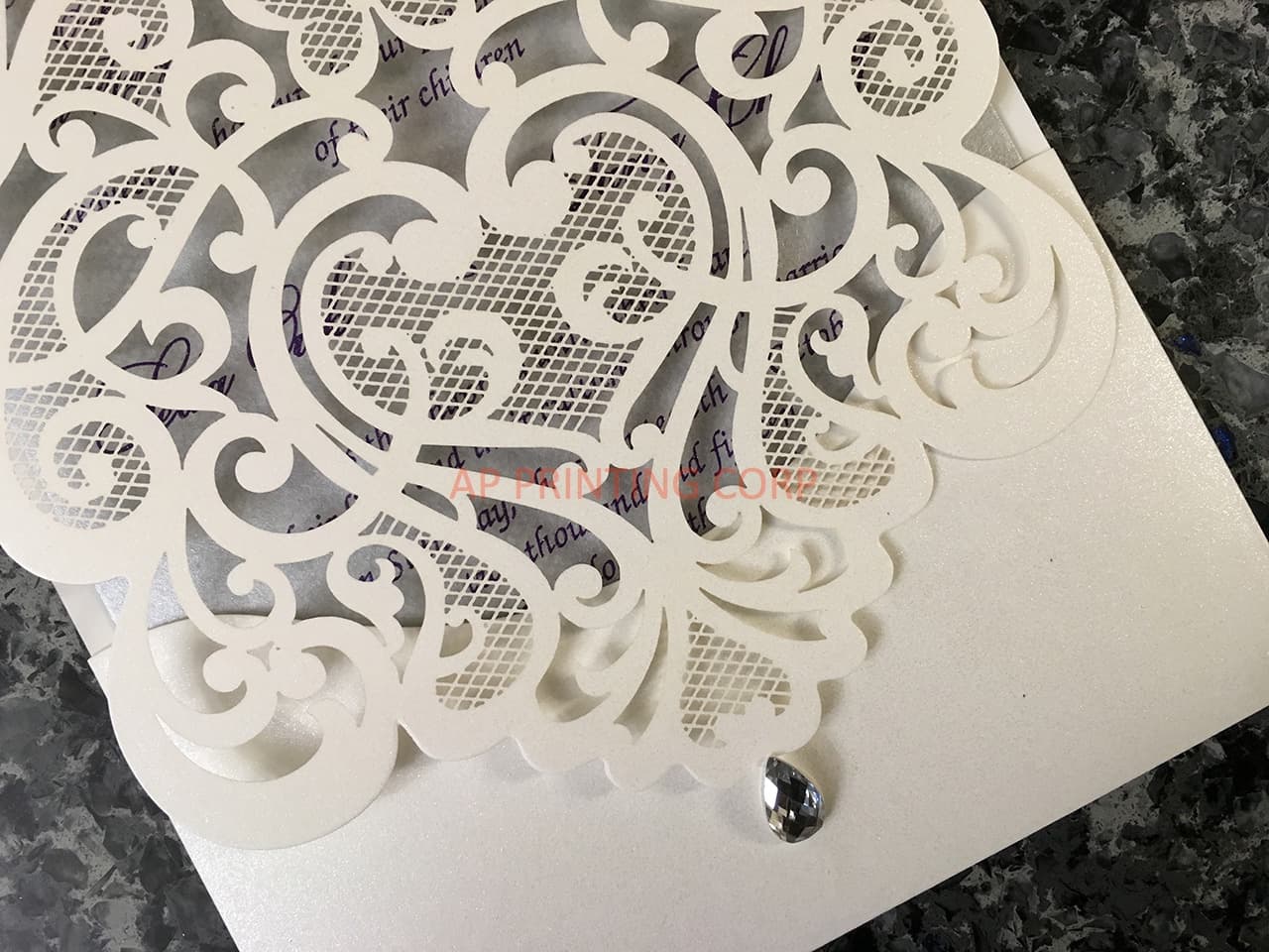 White Heart Diamond Drop Laser Cut Wedding Invitation