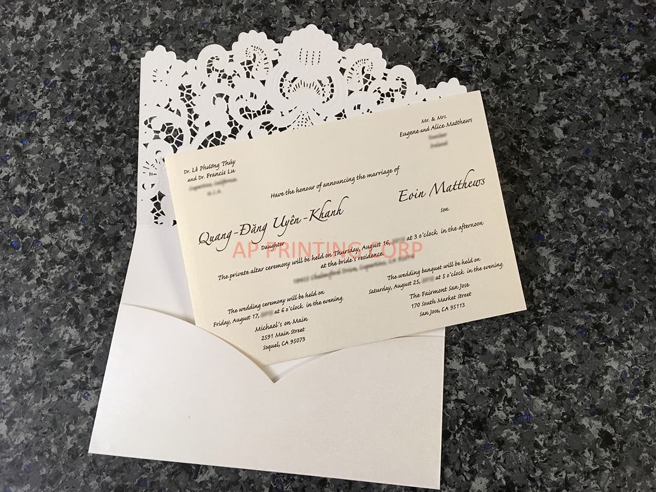 Gold Heart Flourish Pocket Laser Cut Vietnamese & English Wedding Invitation