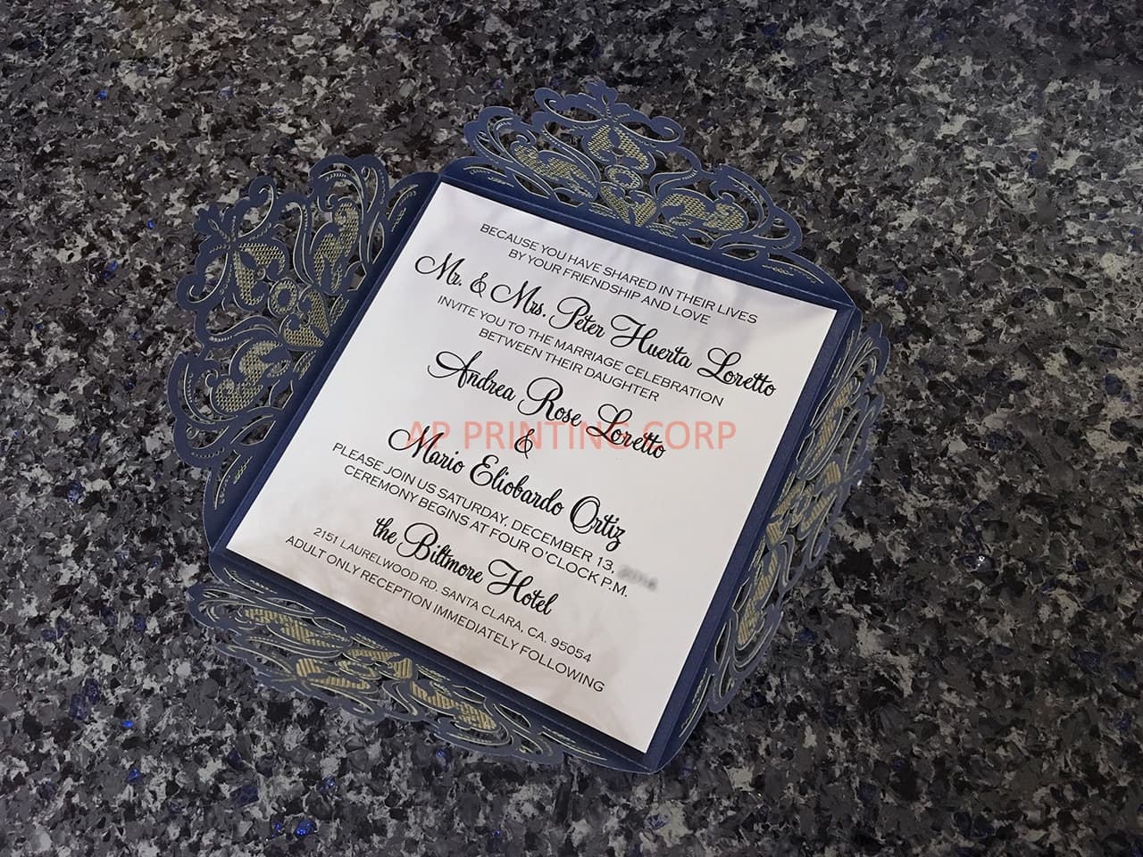 Glittery Lace Tri-Fold Laser Cut Pocket Wedding Invitation