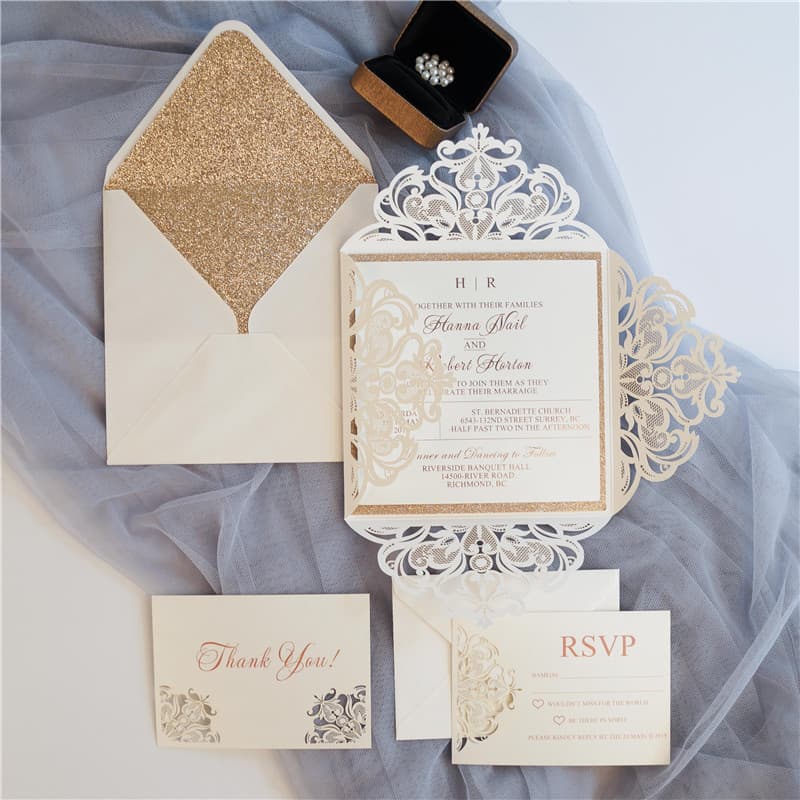 CL-PF-57 M-M White Heart Flourish Pocket Laser Cut Wedding Invitation