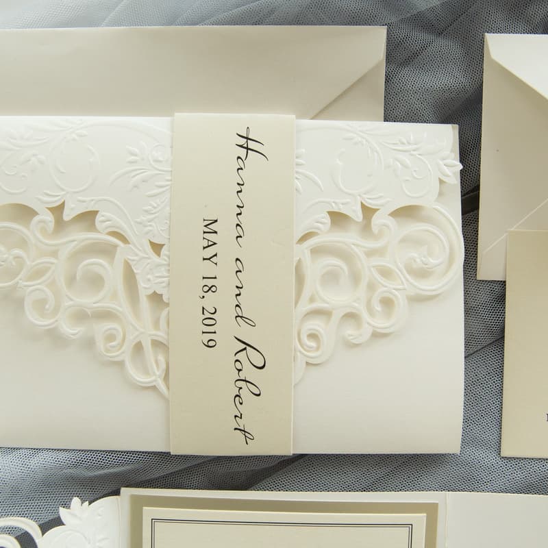 Gold Heart Flourish Pocket Laser Cut Vietnamese & English Wedding Invitation