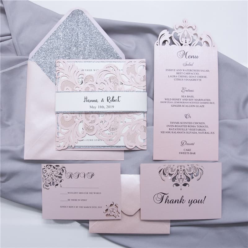 Silver Lace Glittery Laser Cut Wrap Wedding Invitation