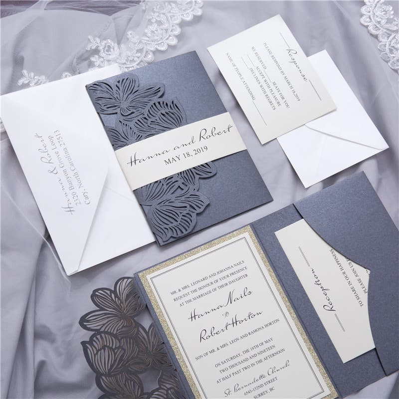 White Laser Cut Wrap with Ribbon Wedding Invitation
