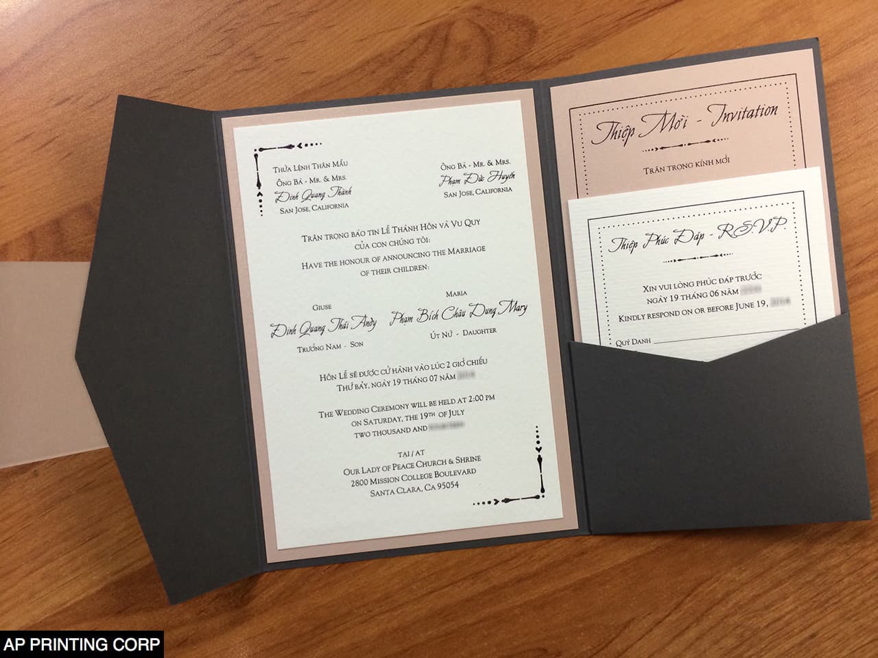 Dark Grey and Nude Vintage A7 Himalaya Pocket Wedding Invitation