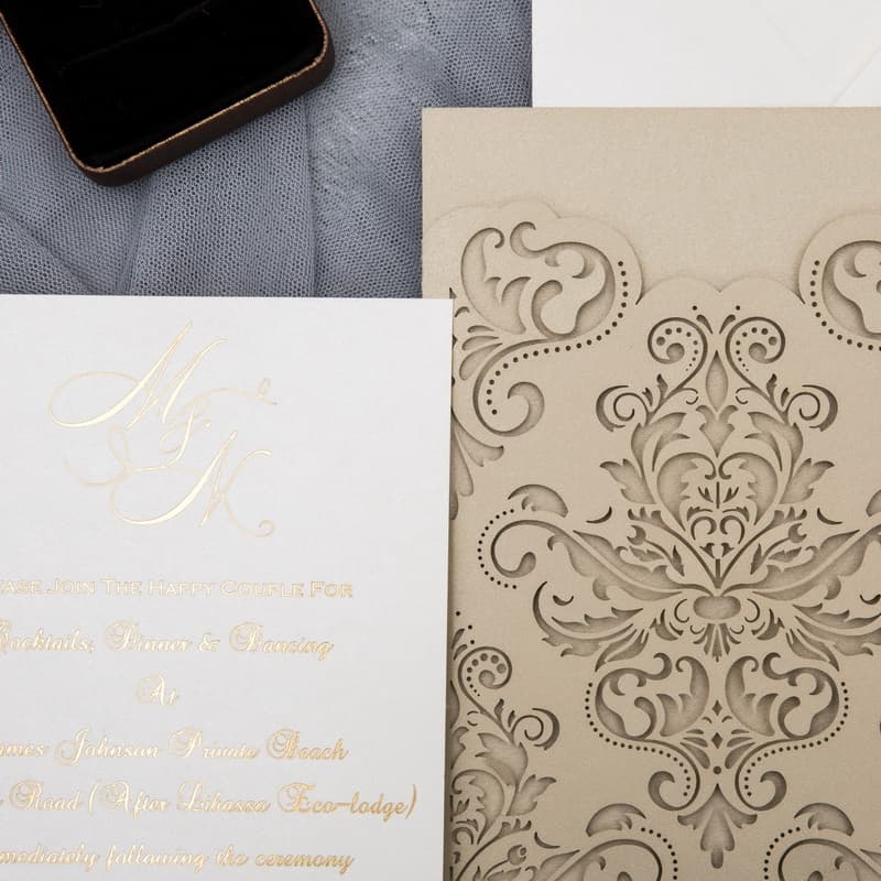 Ivory Laser Cut Floral Wrap Wedding Invitation