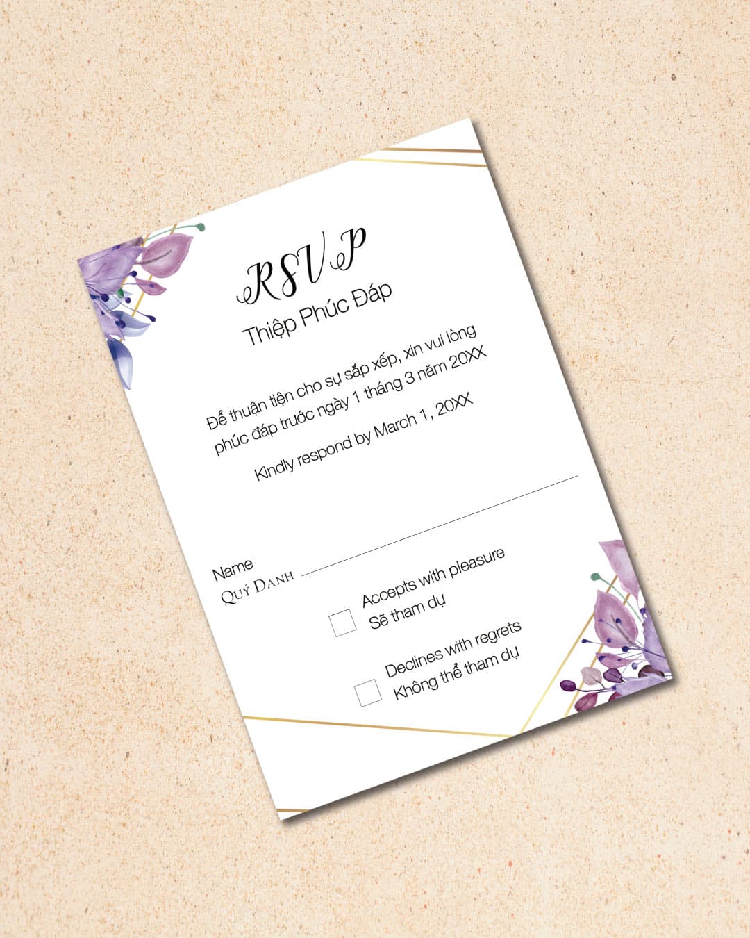 Violet Leaves Vellum Wrapped Vietnamese & English Wedding Invitation
