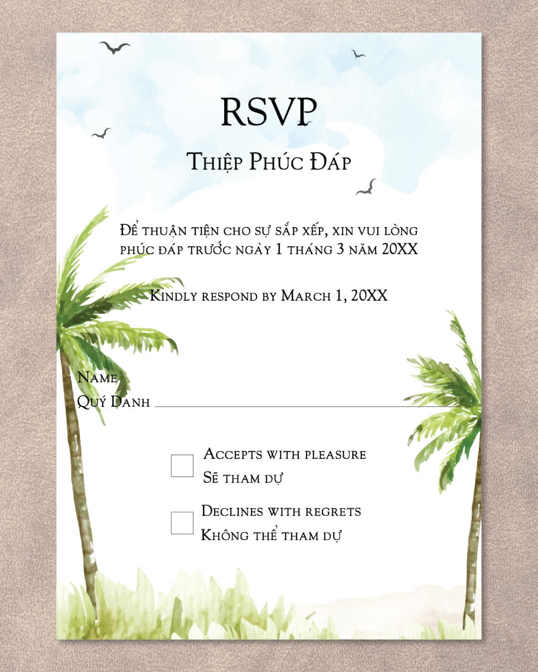 Watercolor Palm Trees Vellum Wrapped Vietnamese & English Wedding Invitation