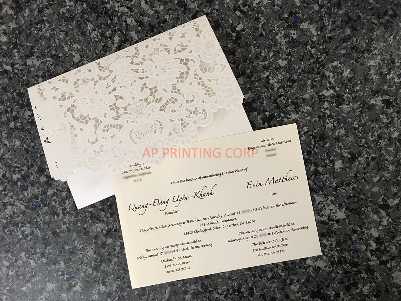 Gold Heart Flourish Pocket Laser Cut Vietnamese & English Wedding Invitation