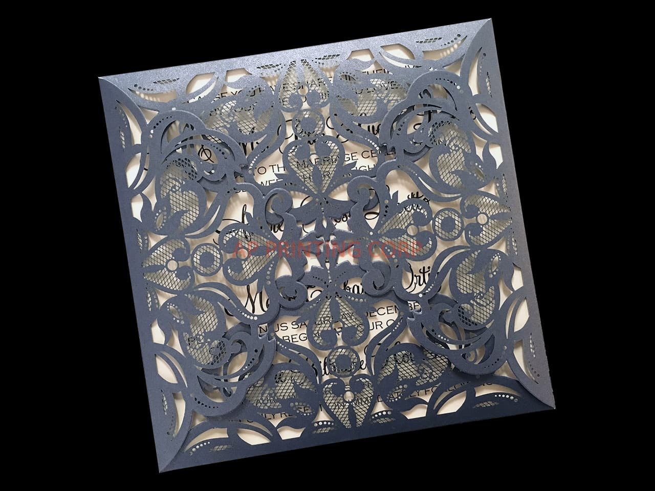 Glittery Lace Tri-Fold Laser Cut Pocket Wedding Invitation