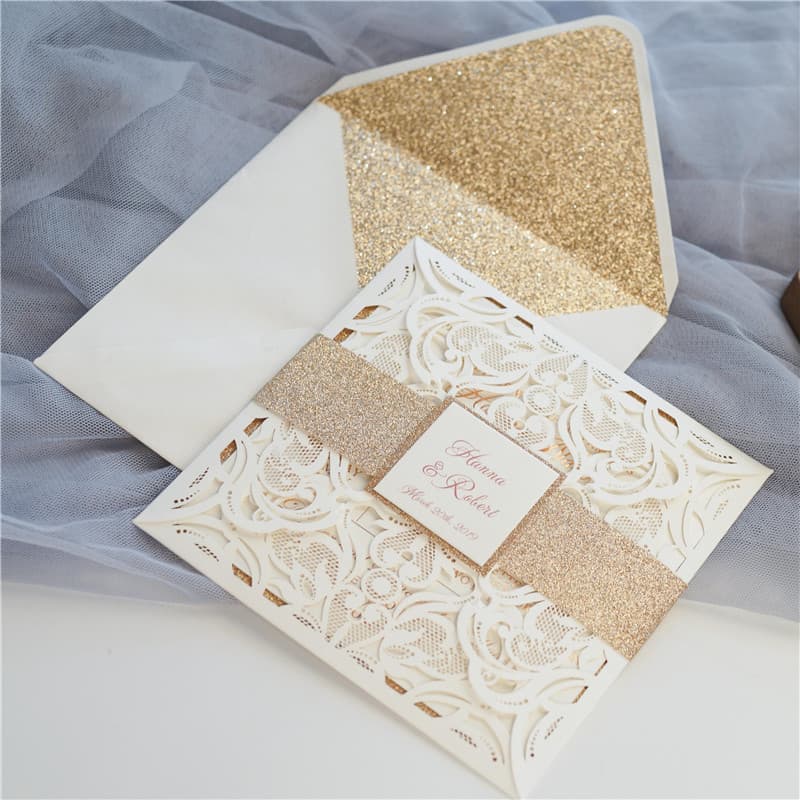 CL-PF-57 M-M White Heart Flourish Pocket Laser Cut Wedding Invitation