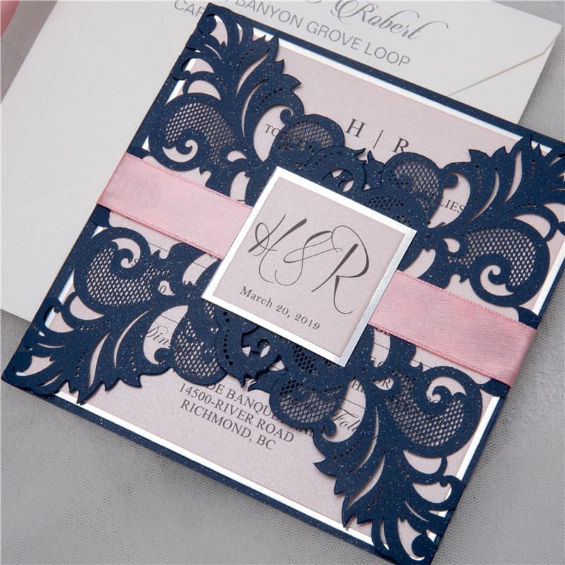 Metallic Gold Laser Cut Pocket with Ribbon Wedding Invitation