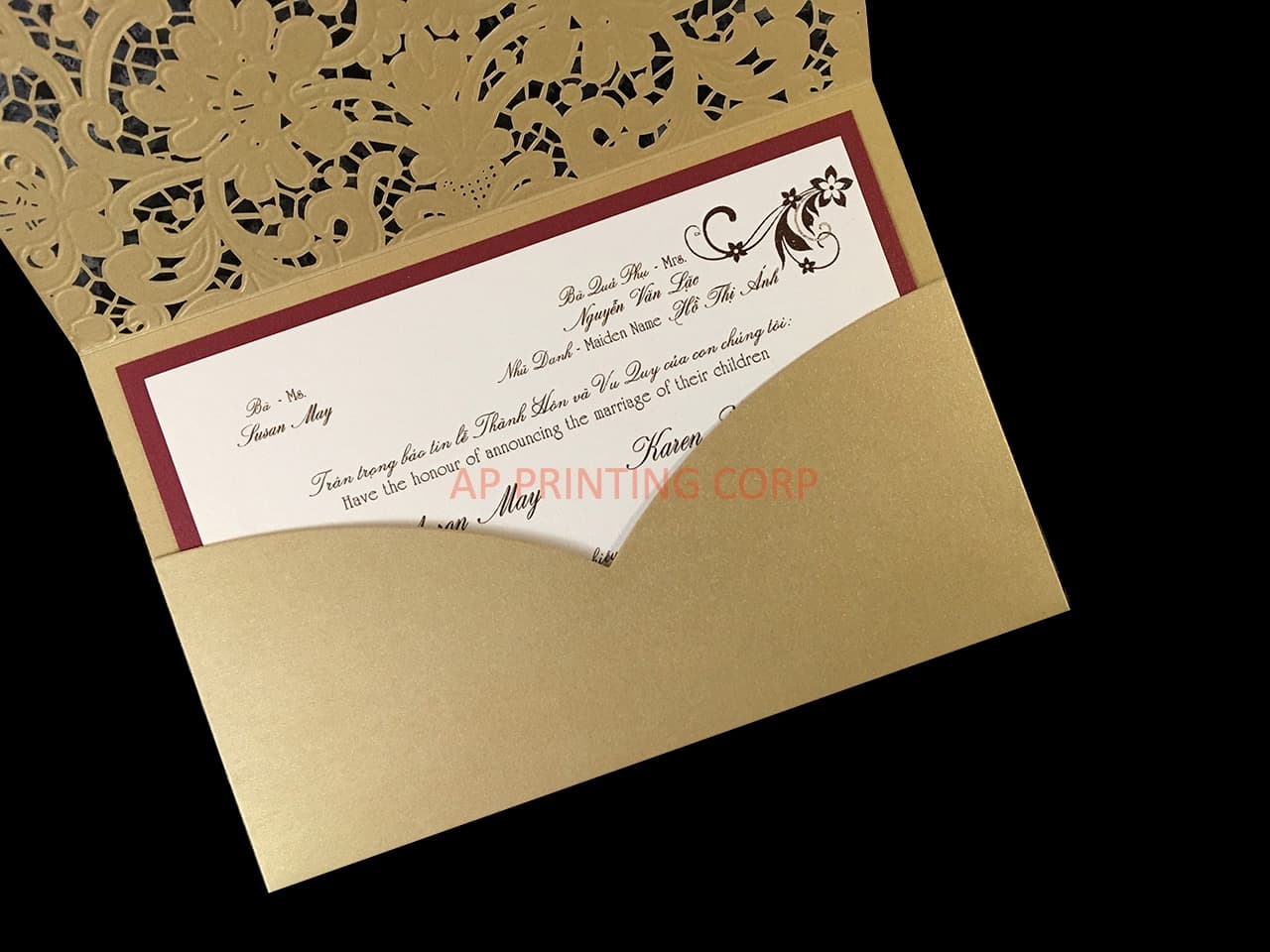 CL-SLIDER-57 N-M White Flowers, Lace Trims Laser Cut Wedding Invitation