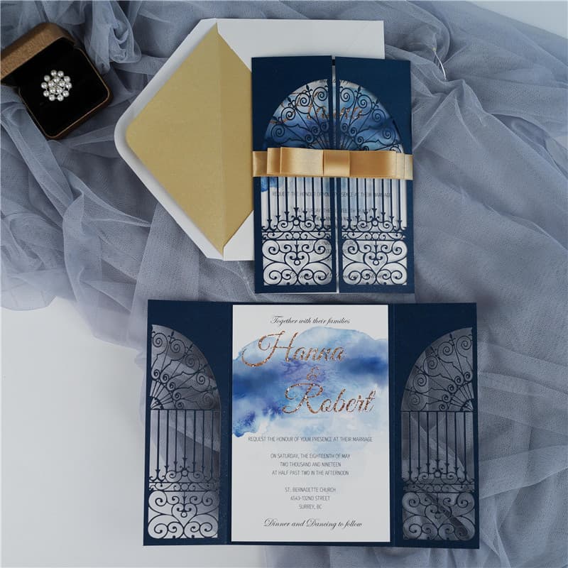 CL-WRAP-57 M-M Gold Flowers and Butterfly Wrap Laser Cut Wedding Invitation