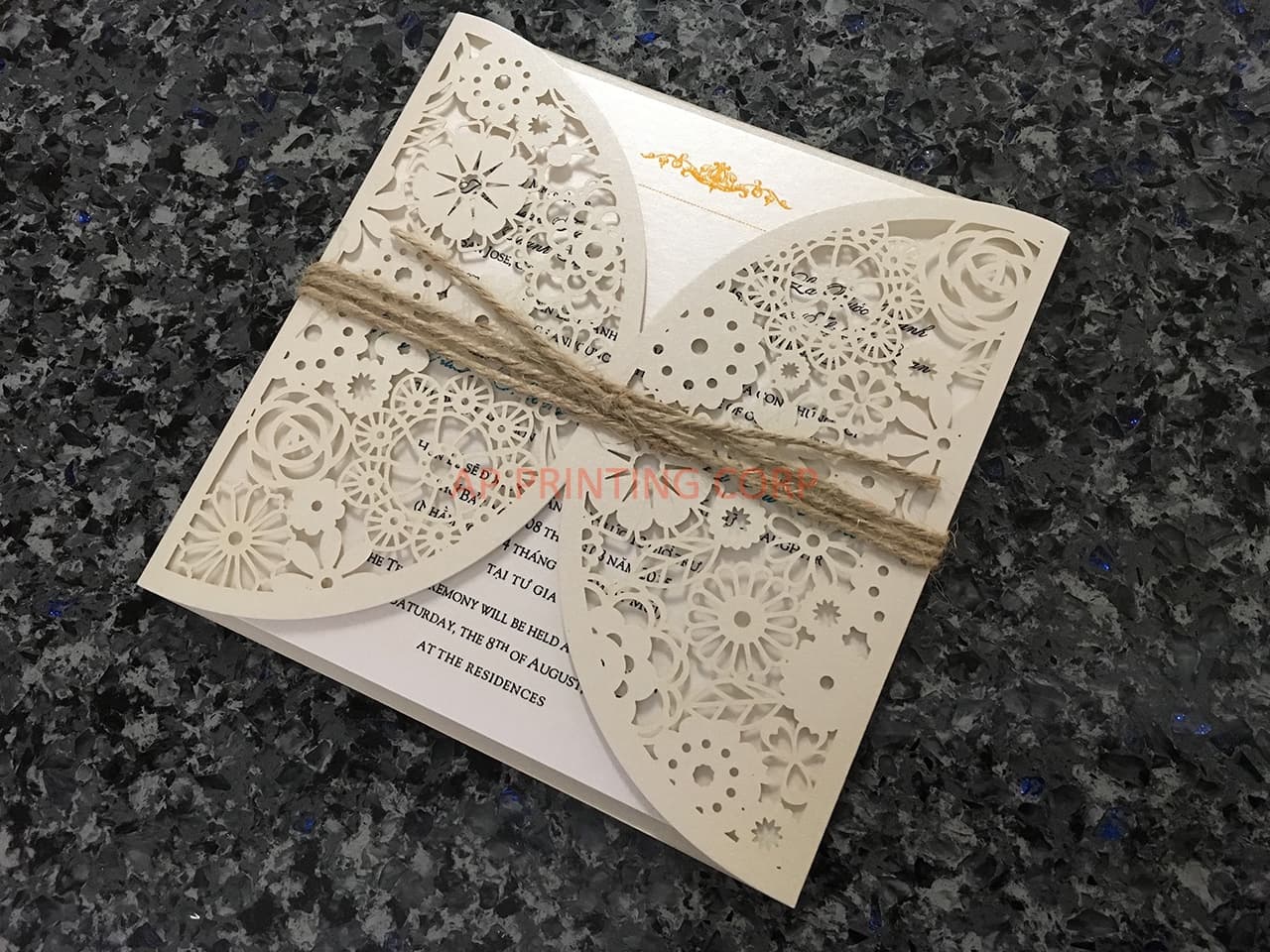 Glittering Navy Lace Laser Cut Wedding Invitation