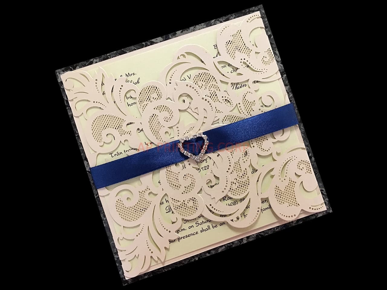 Glittery Lace Laser Cut Pocket Wedding Invitation
