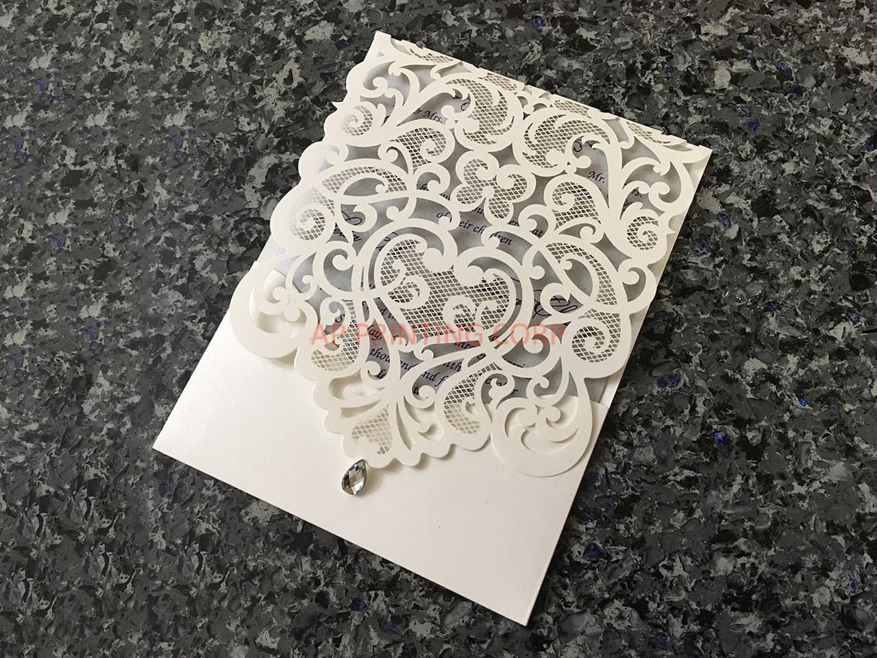 White Heart Diamond Drop Laser Cut Wedding Invitation
