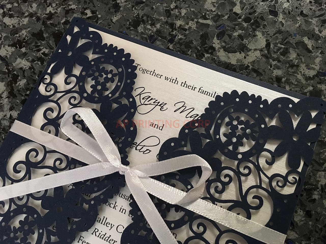 Champagne Glittery Laser Cut Pocket Wedding Invitation