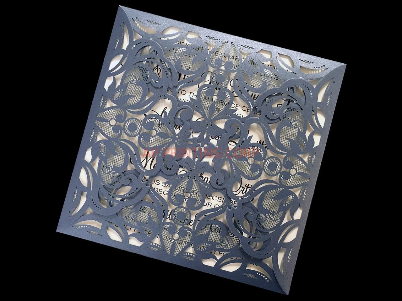 Glittery Lace Tri-Fold Laser Cut Pocket Wedding Invitation