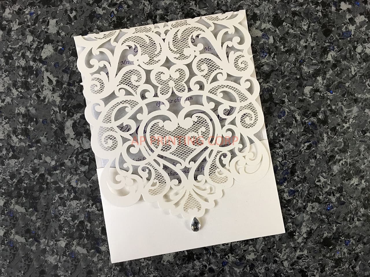White Heart Diamond Drop Laser Cut Wedding Invitation