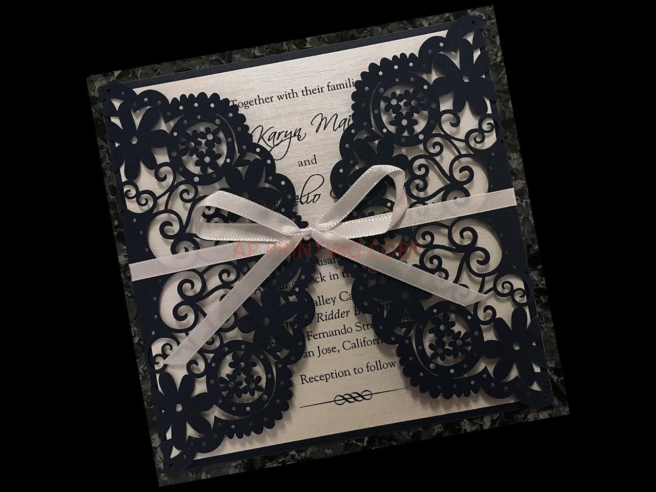 Champagne Glittery Laser Cut Pocket Wedding Invitation