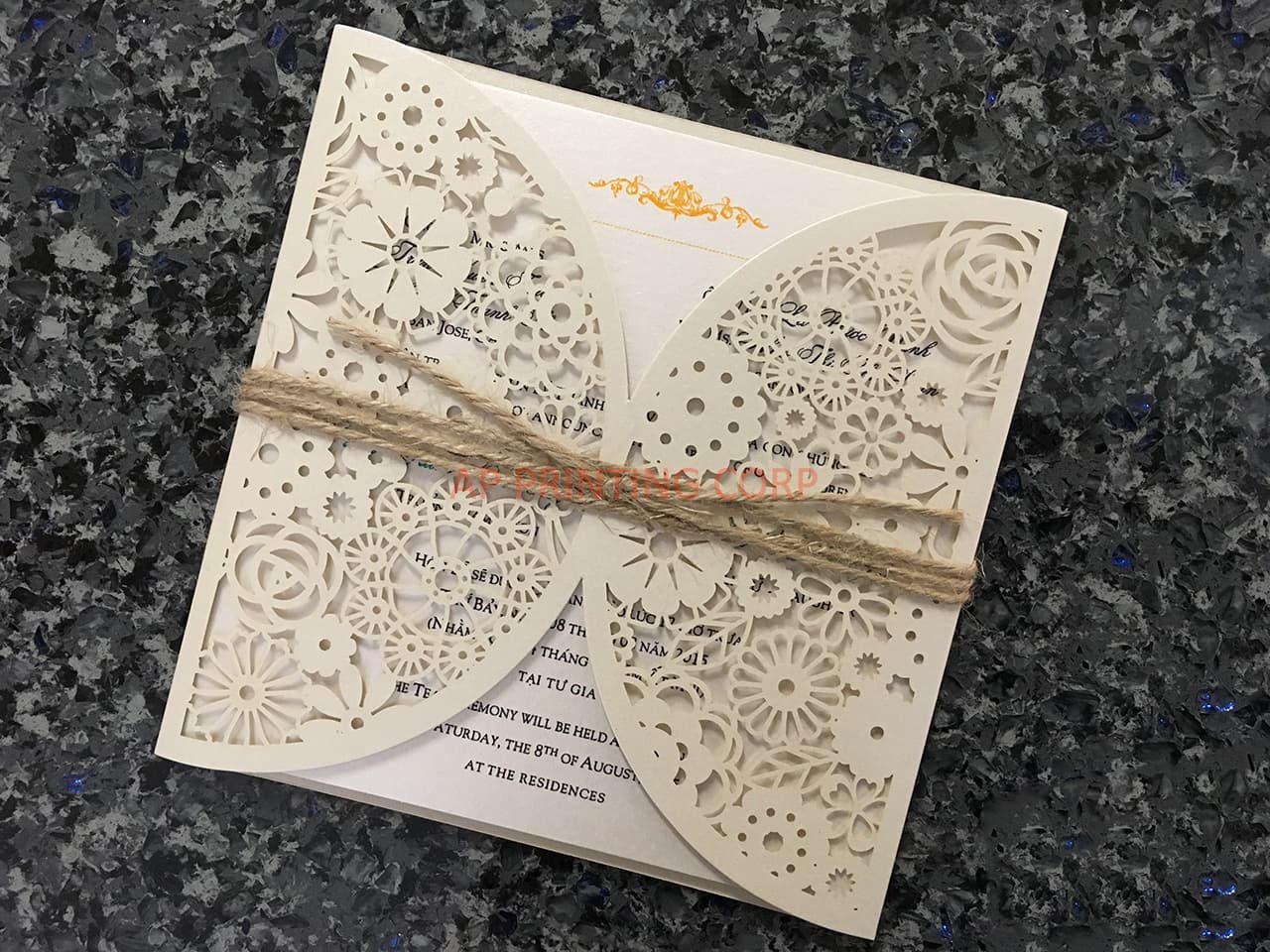 Glittering Navy Lace Laser Cut Wedding Invitation
