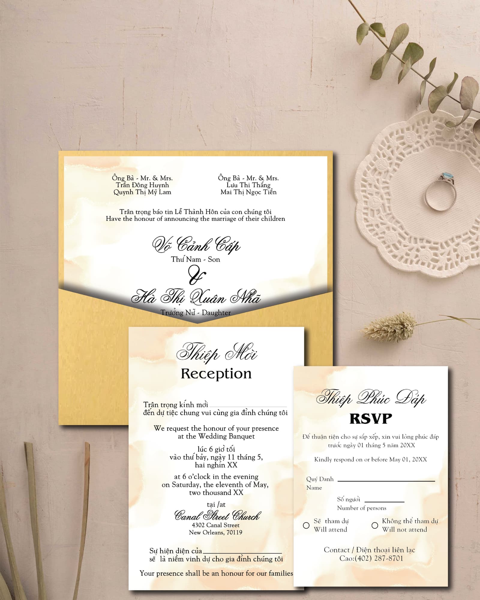 Delicate Peach Watercolor 6 1/4 Square Denali Pocket Vietnamese & English Wedding Invitation