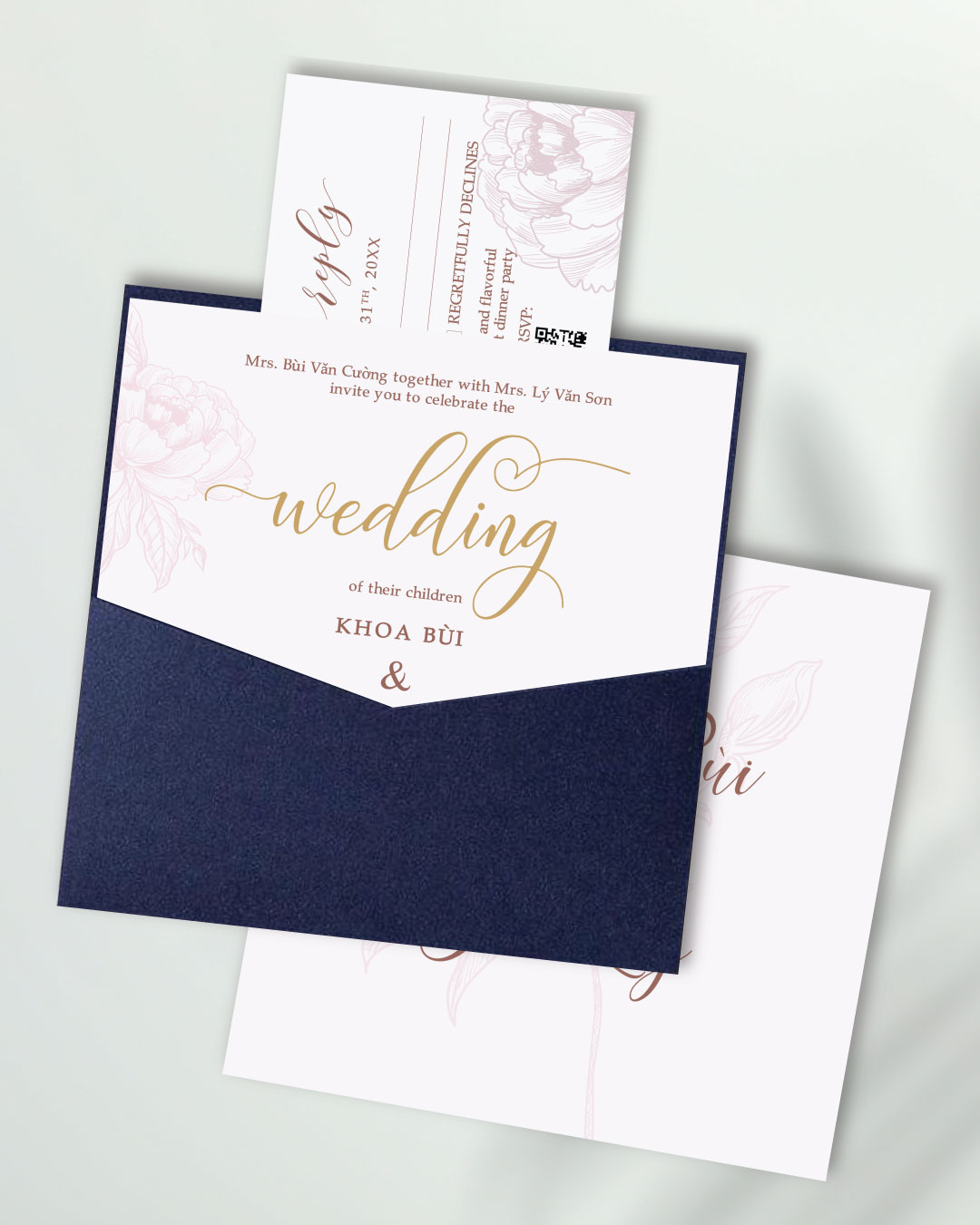 Blush Peony Grace 6 1/4 Square Denali Pocket Wedding Invitation 1