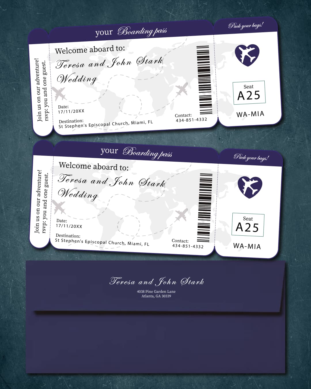 Ticket Blue Map Boarding Pass Wedding Invitations