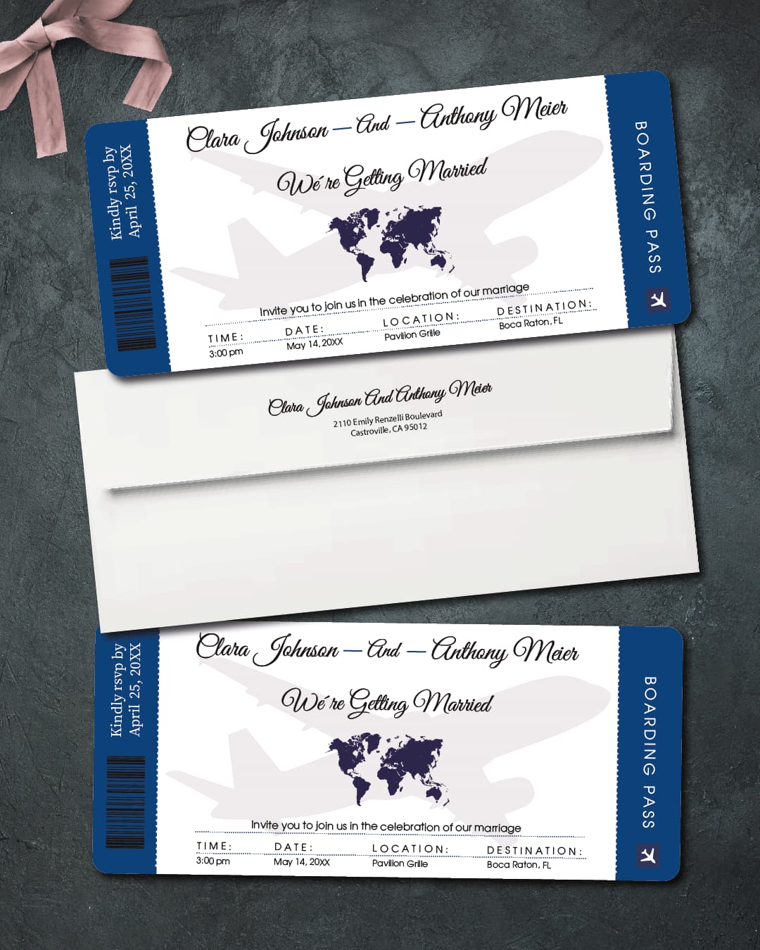 Blue Plane of Love Boarding Pass Wedding Invitations