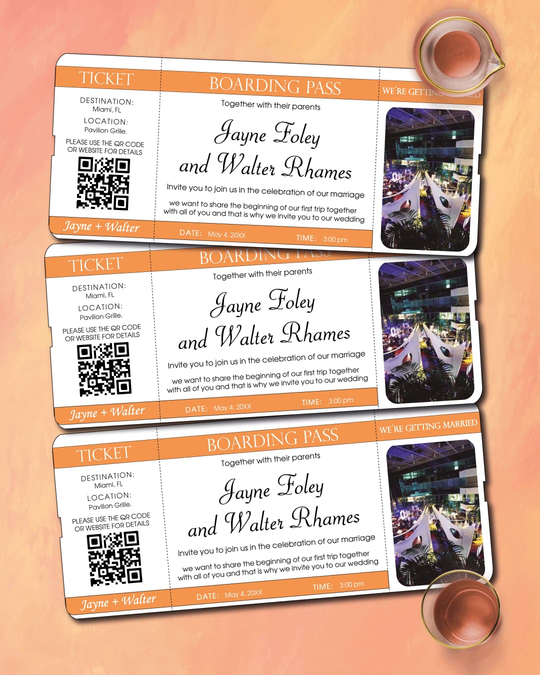 Orange Stripes Boarding Pass Wedding Invitations
